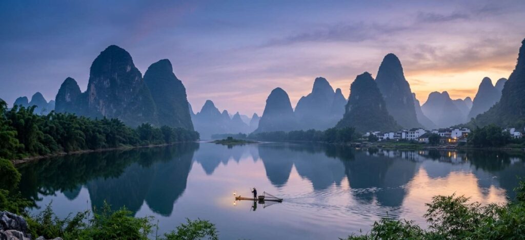 Amanecer en el río Li con el reflejo de las montañas de Guilin y una balsa de pesca tradicional, parte del circuito China con Panda de Traveland