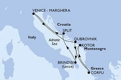 Mapa del itinerario del crucero MSC por el mar Adriático: Venecia, Split, Dubrovnik, Kotor y Corfú, reservable con Traveland.