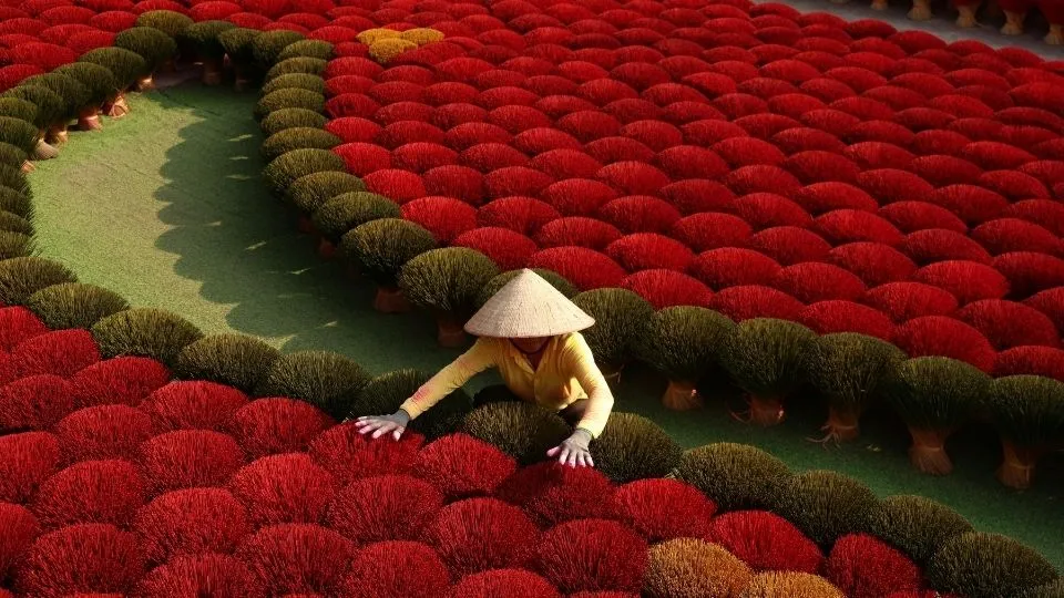 Mujer con sombrero conico artesana organizando manojos de incienso rojo en la aldea de Quang Phu Cau Vietnam con Traveland