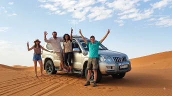 Grupo de viajeros posando junto a un coche todoterreno 4x4 en las dunas del desierto de Merzouga Marruecos con Traveland