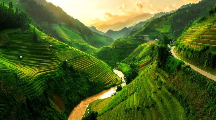 Paisaje montañoso con terrazas de arroz verde y un río serpenteante en Mu Cang Chai Vietnam con Traveland