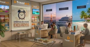 ofertas de viajes Agentes de viajes de Traveland atendiendo a clientes en la oficina física con vinilos de Europa cruceros y Caribe con cartel de ofertas exclusivas